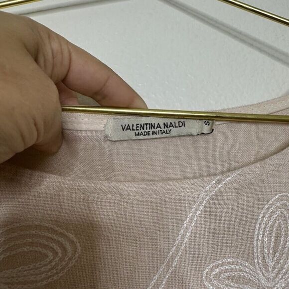 Valentina Naldi Top Small Linen Pink Floral Embroidered Ruffle Short Sleeve - Picture 4 of 9